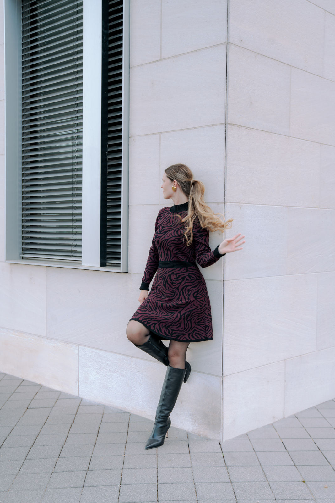 Langärmliges Animal-Print Kleid - bordeaux
