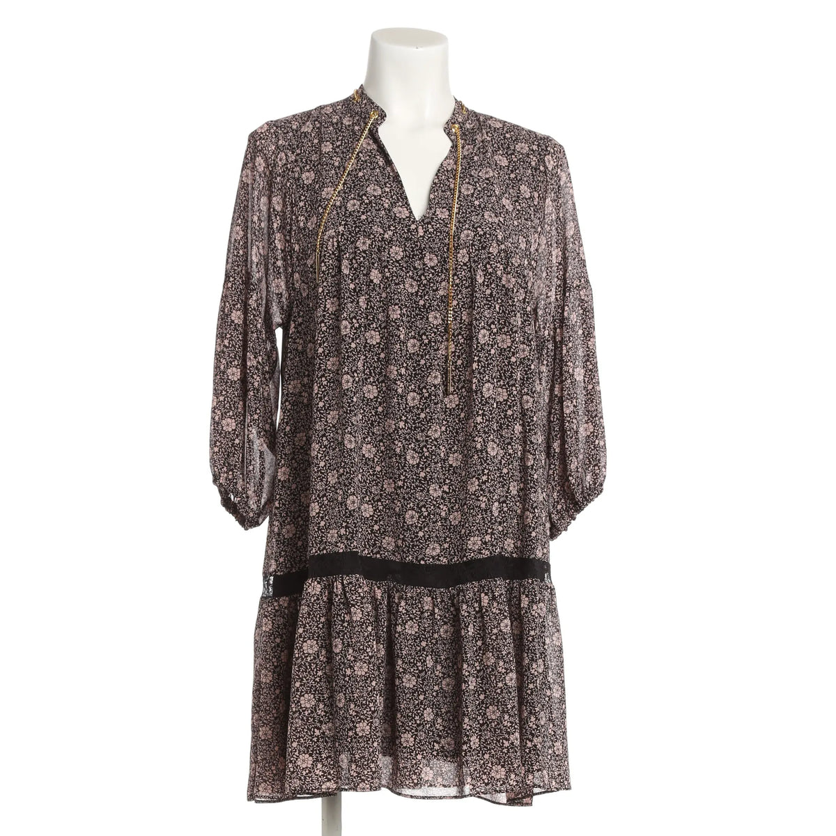 Langärmliges Mini-Blumenkleid - schwarz/rosa Blumen-Muster
