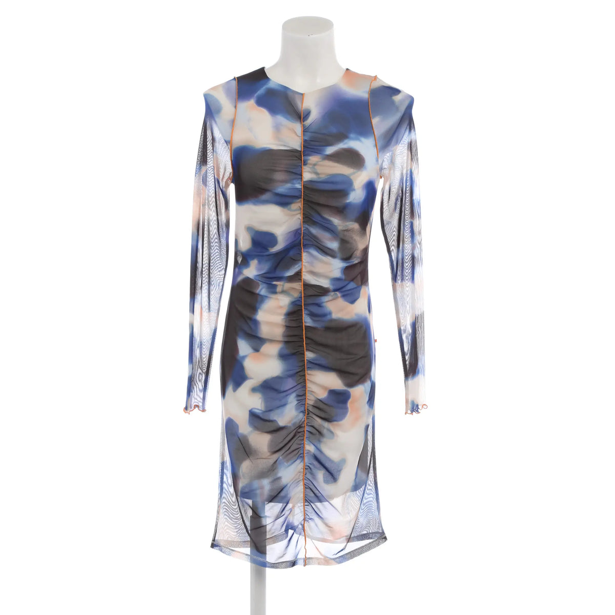 Elegantes gerafftes Kleid mit modernem Muster - blau/schwarz/orange