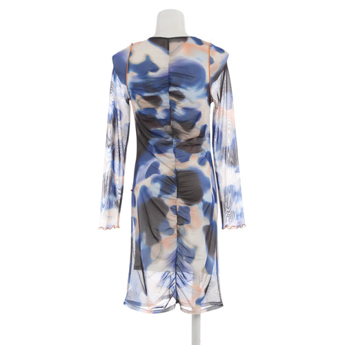 Elegantes gerafftes Kleid mit modernem Muster - blau/schwarz/orange