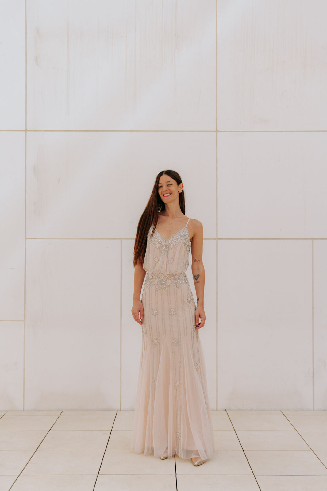 Maxi-Abendkleid mit Stickereien - rosa