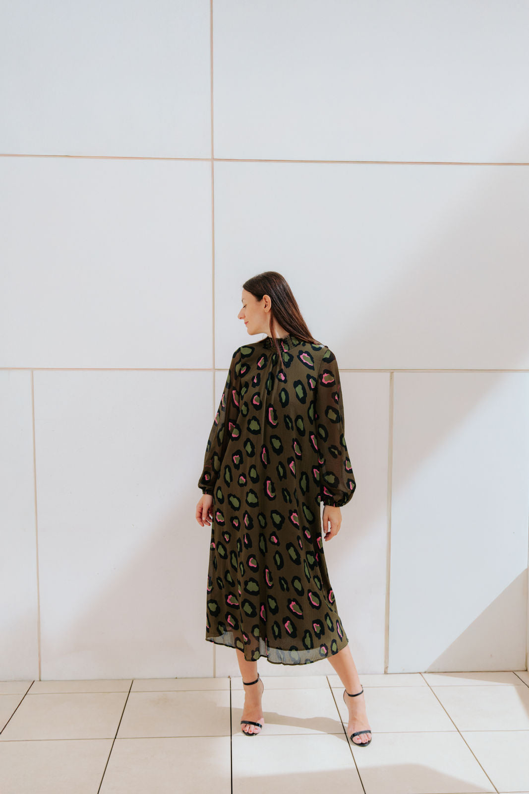 Midi-Leo-Kleid - Khaki/Pink
