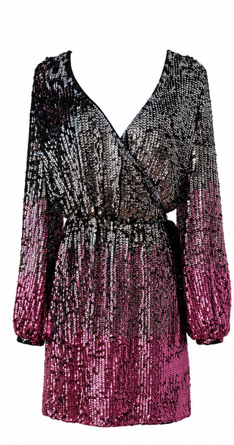 Elegantes Wickelkleid mit funkelnden Pailletten - schwarz/silber/pink
